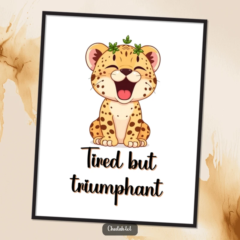 Funny Cheetah Cub Poster: A tiny crowned cheetah cub yawns with gusto, looking like a sleepy, victorious king.