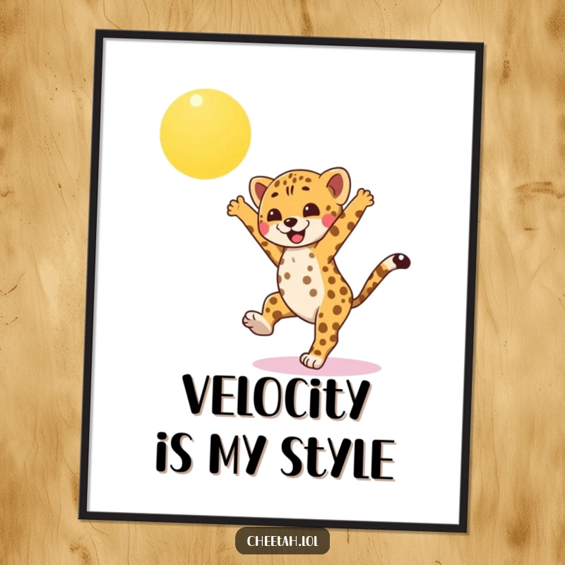 Funny cheetah cub poster, captured mid-cartwheel under a radiant sun, showcasing athletic prowess and cheerful spirit, a great funny gift.