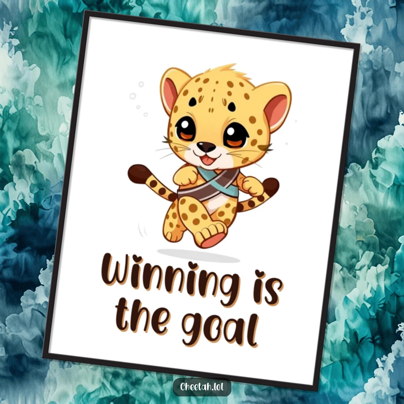 Funny Poster of a cheetah cub wearing a winner's sash, racing with a blurred background, conveying speed and competitive humor for wall art.