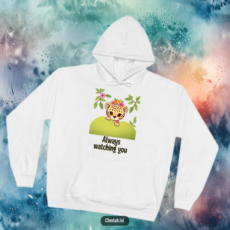 Funny mischievous cheetah cub in a floral crown peeking from behind a bush on this cozy hoodie.