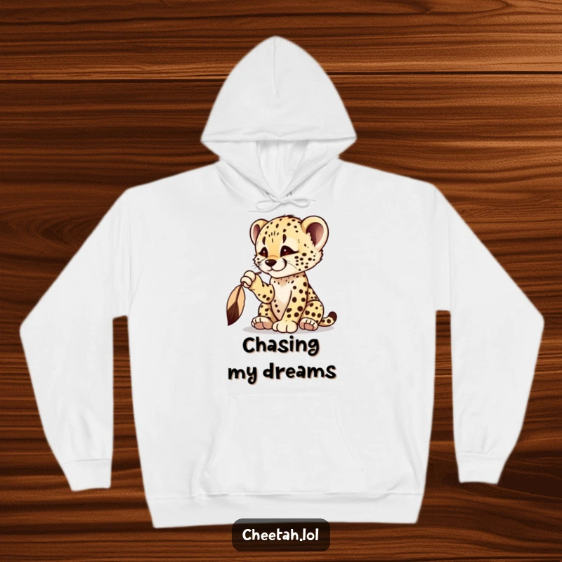 Funny cheetah cub hoodie featuring a playful cub batting at a dangling feather, ready for fun.