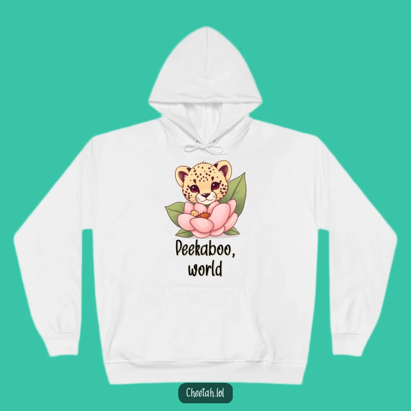 Cozy Funny Cheetah Cub Flower Peek Hoodie: Warm & Playful Gift