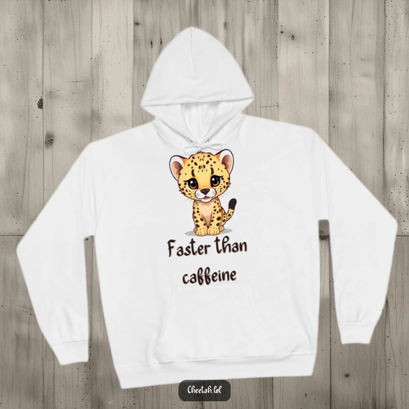 Funny hooded sweatshirt depicting a mischievous cheetah cub peeking from a large, fast-moving blur, perfect for cozy, fun wear.