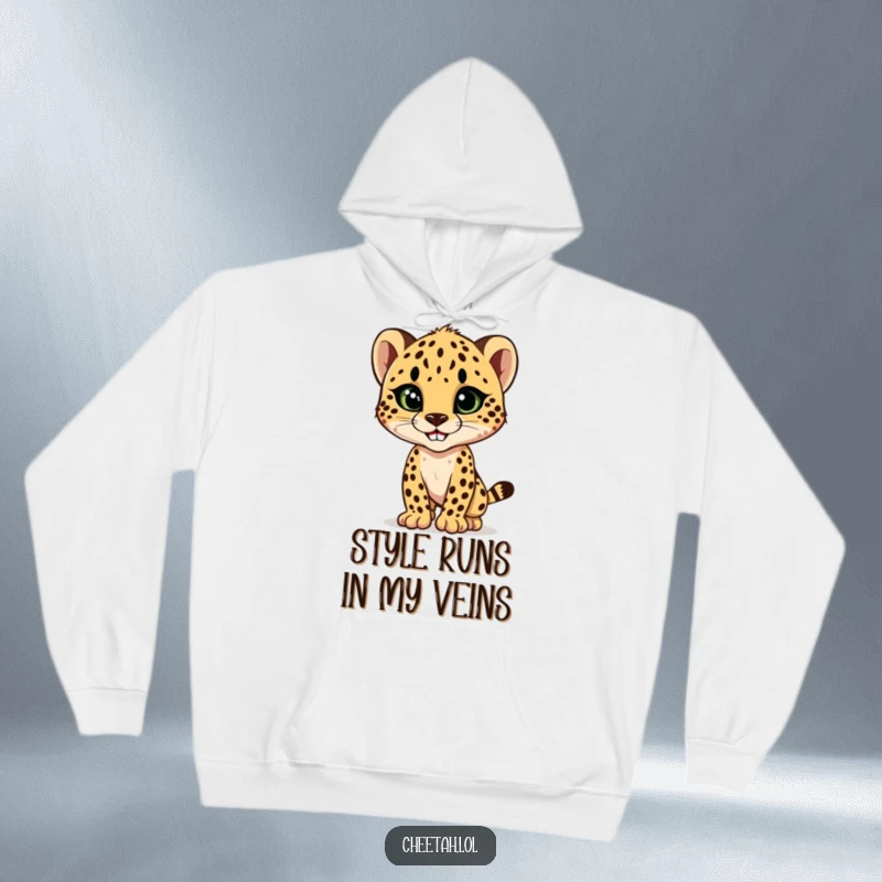 Funny cheetah cub striking a sleek, stylish pose with a confident grin, a cozy and humorous design on a warm hoodie.