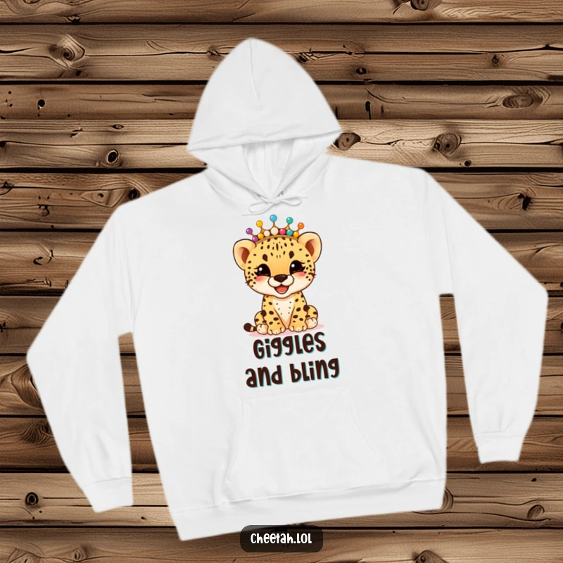 Funny giggling cheetah cub wearing a crown of colorful beads, on a warm hoodie, designed to bring smiles, a hilarious funny gift.