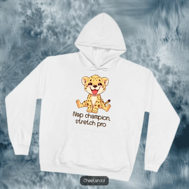 Funny cheetah cub hoodie, a happy cub grinning and stretching its long legs, embodying comfort and playful joy. Ideal gift.