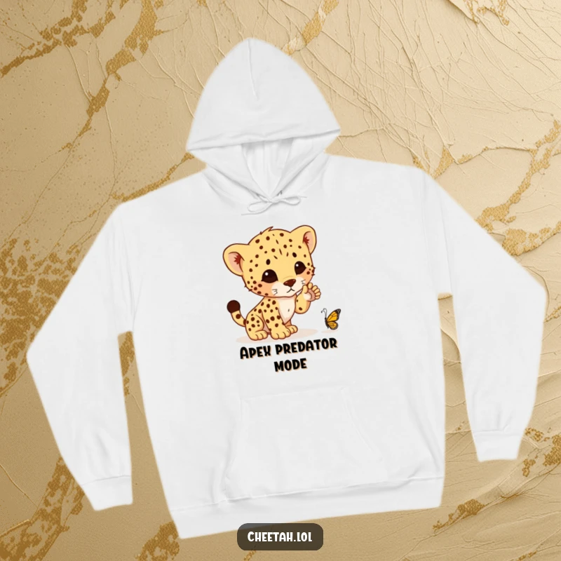 Funny hoodie depicting a cute cheetah cub poised mid-pounce, aiming for a tiny butterfly, capturing a moment of pure, comical hunting determination.