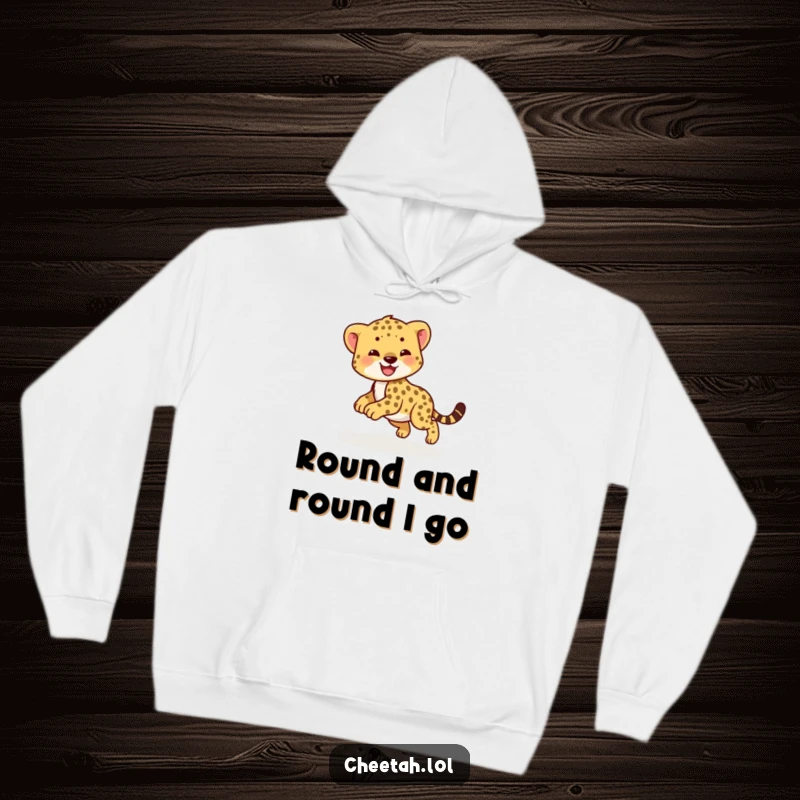 Funny cheetah cub hoodie with a smiling cub playfully chasing its tail. Cozy and cute.