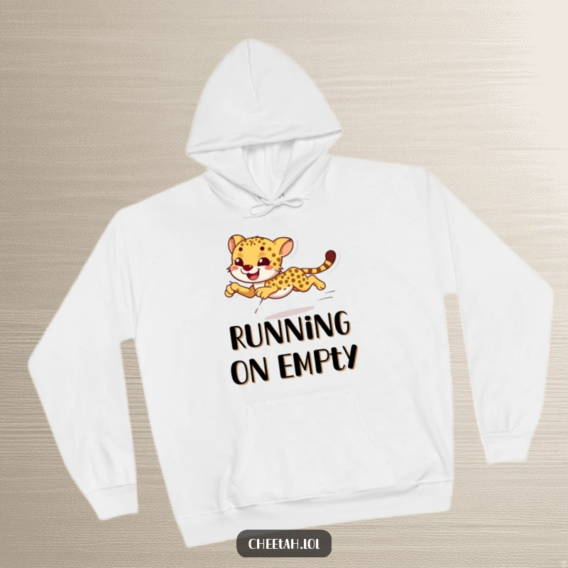 Funny smiling cheetah sprinting with effortless grace on a hoodie, perfect for cozy, active wear.