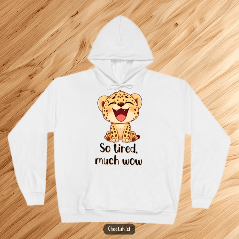 Funny hoodie showcasing a cheetah cub yawning widely, revealing a massive, joyful smile, perfect for cozy, happy moments.