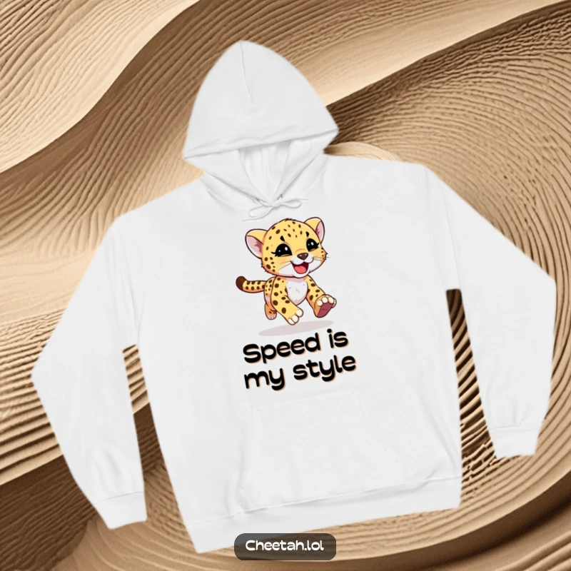 Funny cheetah cub with joyful motion streaks on a cozy hoodie, expressing wild abandon for screen readers.