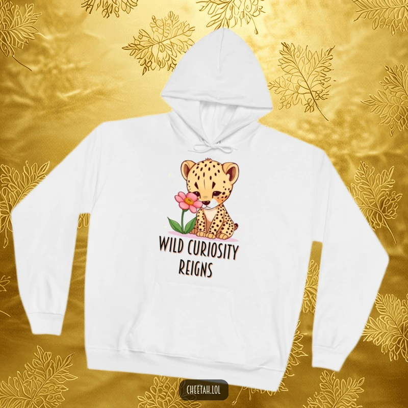 Funny cheetah cub hoodie with a curious cub cautiously sniffing a desert flower. Cozy and cute.