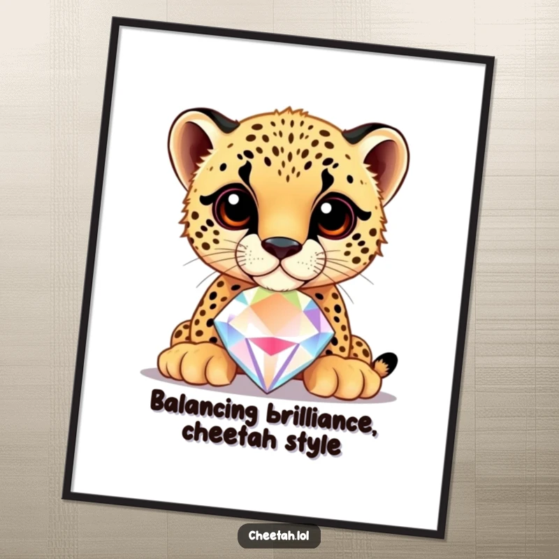 Funny Free Printable Wall Art of a cheetah cub with incredible focus, balancing a large, shiny jewel on its nose.