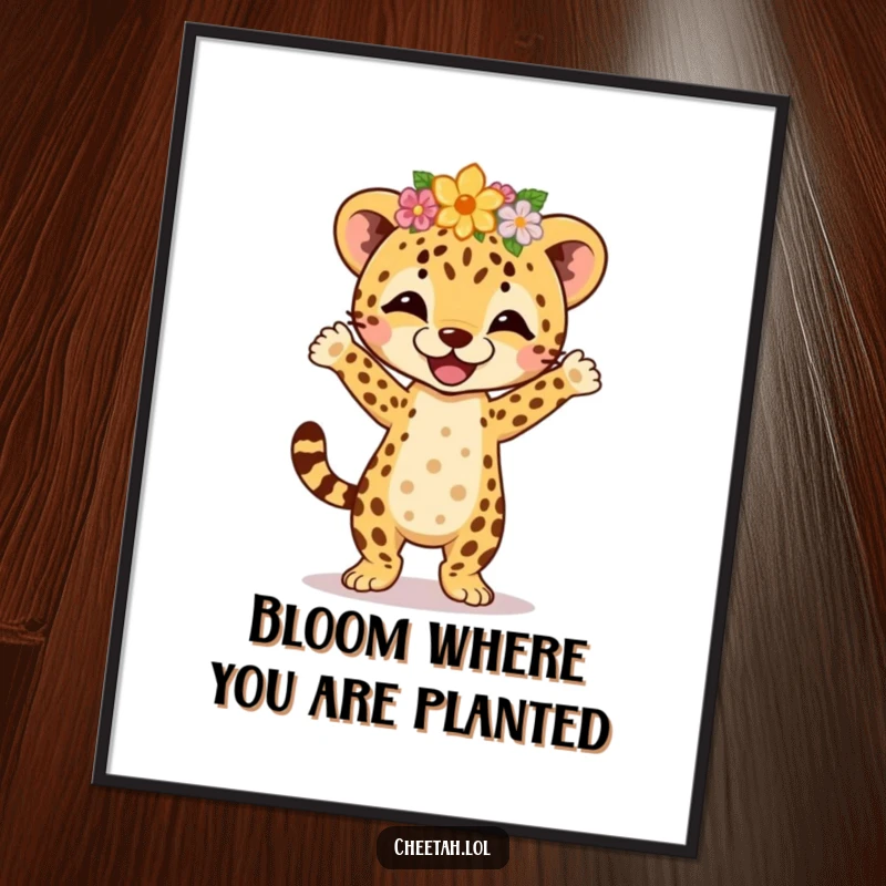 Funny Free Printable Wall Art: A cheetah cub wearing a flower crown performs a joyful, energetic jig, spreading happiness.
