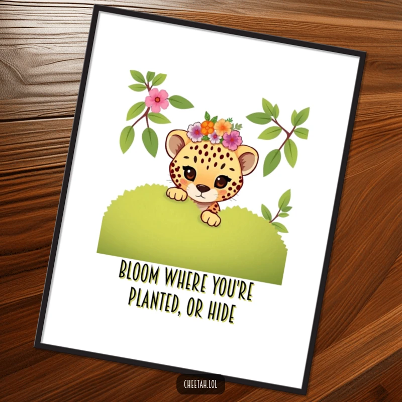 Funny Free Printable Wall Art: Mischievous cheetah cub in floral crown peeking from behind a bush, adding playful decor.