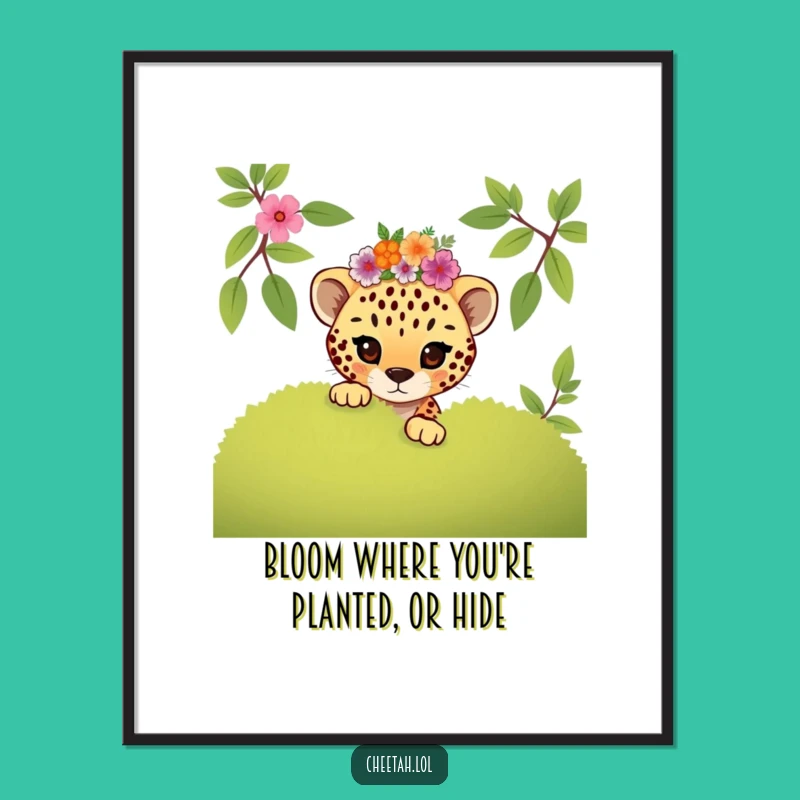 Free Printable Wall Art: Mischievous Cheetah Cub Floral Hide, Funny Decor Gift!