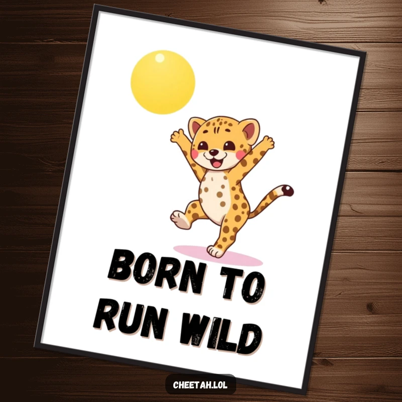 Funny Free Printable Wall Art: An energetic cheetah cub doing a joyful cartwheel under a bright, cartoon sun.