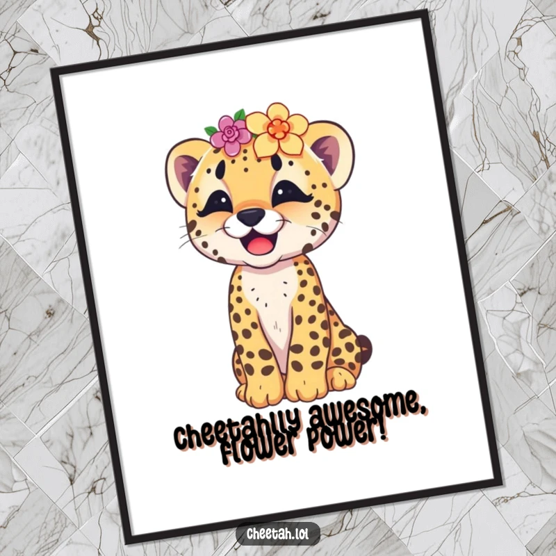 Funny Free Printable Wall Art: A playful cheetah cub with a flower crown askew, captured in a moment of pure giggles.