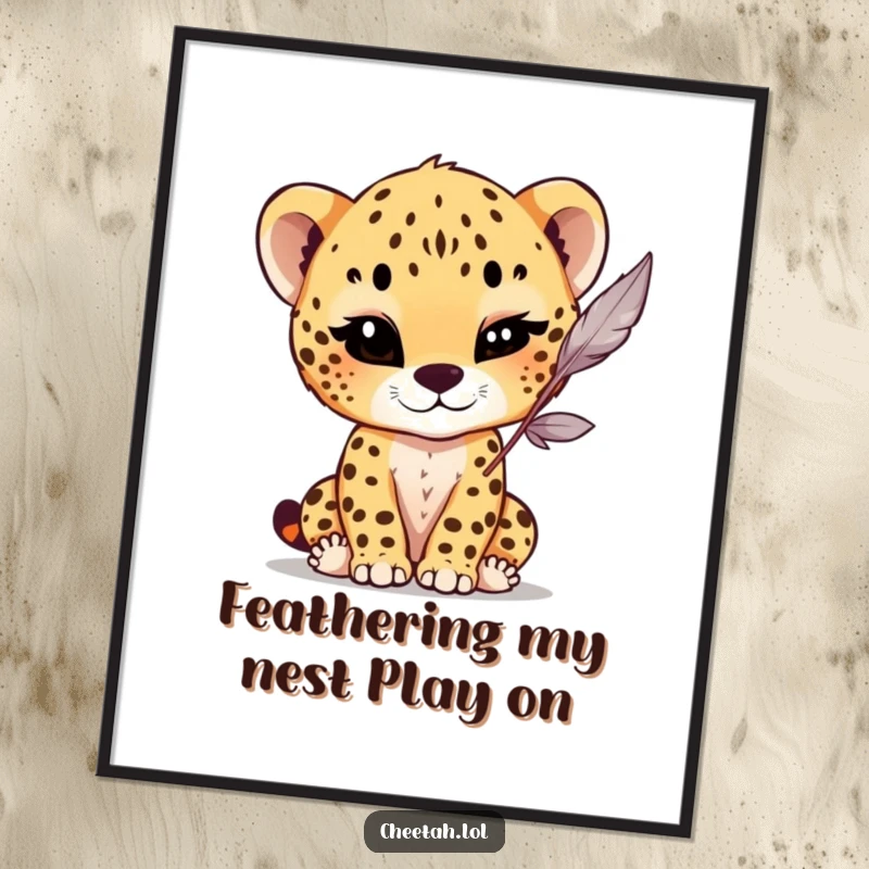 Funny Free Printable Wall Art: A cute cheetah cub with a playful wink bats at a dangling feather.