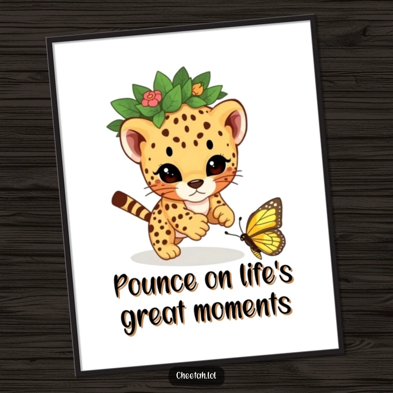 Funny Free Printable Wall Art: A cute cheetah cub with a leaf crown pouncing playfully on a butterfly, creating a whimsical scene.