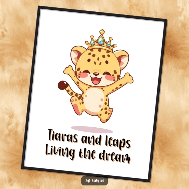 Funny Free Printable Wall Art: A cheetah cub with a sparkling tiara is captured mid-joyful leap, full of energy.