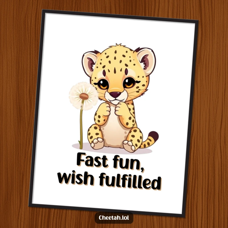 Funny free printable wall art of an adorable cheetah cub playfully batting at a fluffy dandelion with its curious paws.