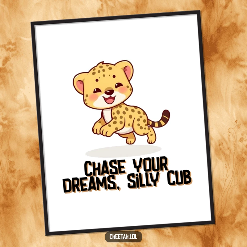 Funny Free Printable Wall Art: A smiling cheetah cub playfully chasing its own tail in a happy, dizzy circle.