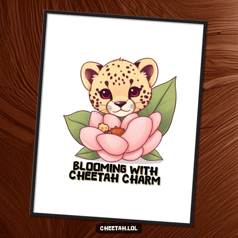 Funny Free Printable Wall Art of a curious cheetah cub peeking out from behind a massive, lush flower.