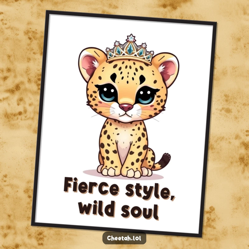 Funny Free Printable Wall Art of a cute cheetah cub wearing a sparkly tiara, striking a high-fashion model pose.