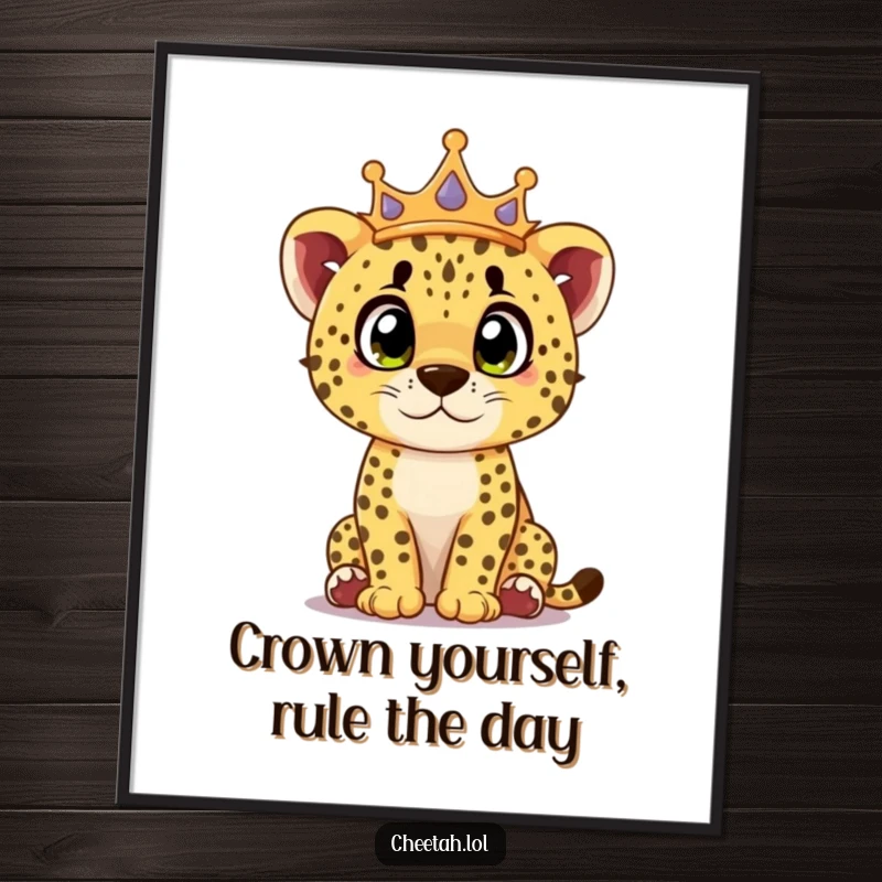 Funny Free Printable Wall Art: Cheetah cub wearing a royal crown, looking with wide, surprised, and curious eyes.