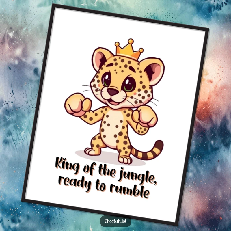 Funny Free Printable Wall Art: Cheetah with a crown, striking a playful boxing pose, humorous downloadable art.