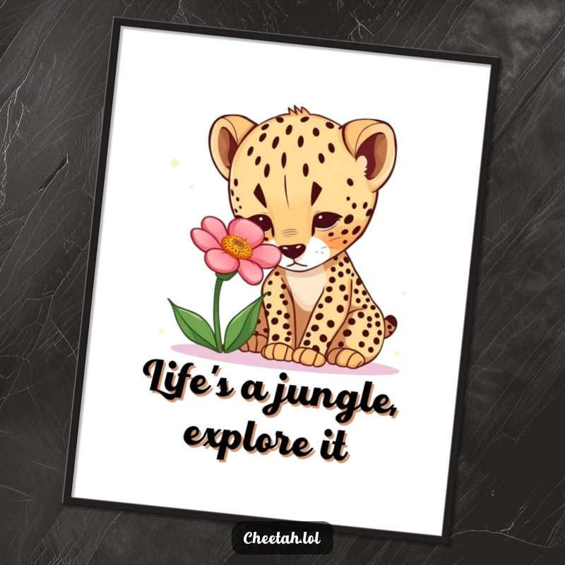 Funny Free Printable Wall Art: A curious young cheetah cub cautiously sniffing a bright desert flower, exploring the world.