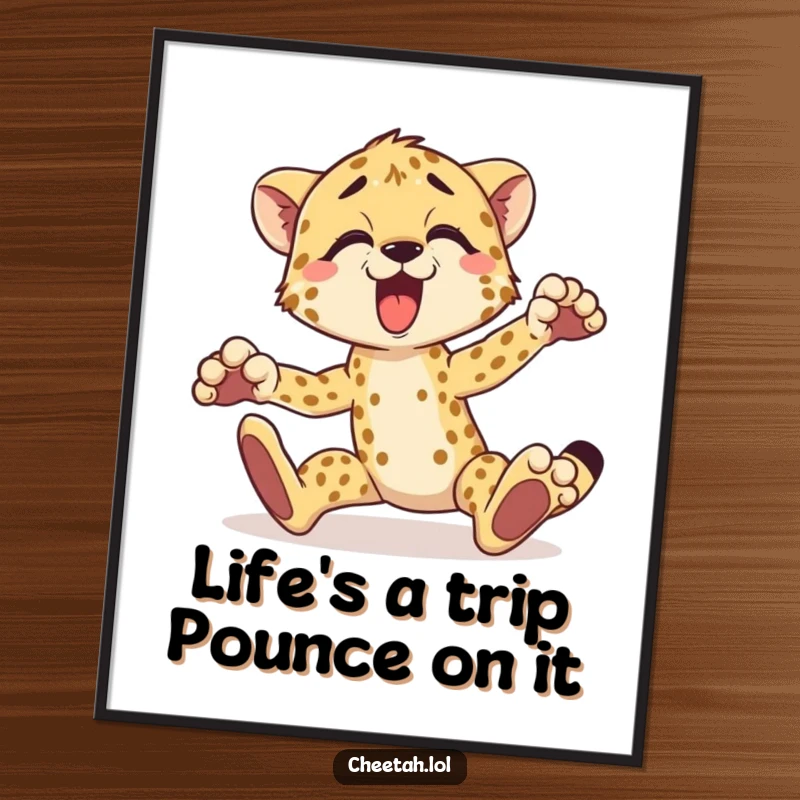 Funny Free Printable Wall Art depicting a cheetah comically tripping over its paws with a surprised yelp.