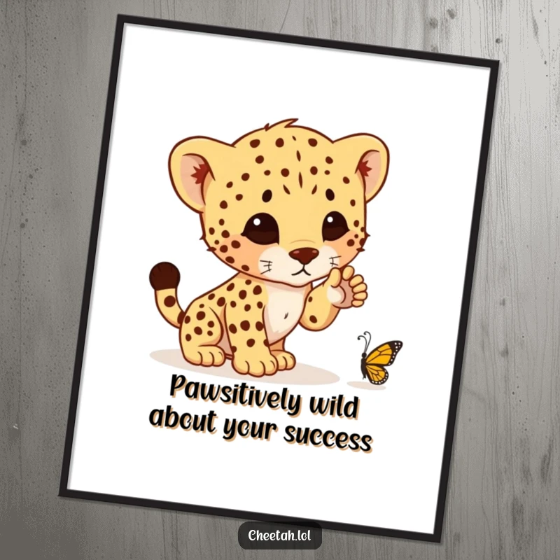 Funny Free Printable Wall Art: Playful cheetah cub mid-pounce on a butterfly, adding a touch of wild humor to any room.