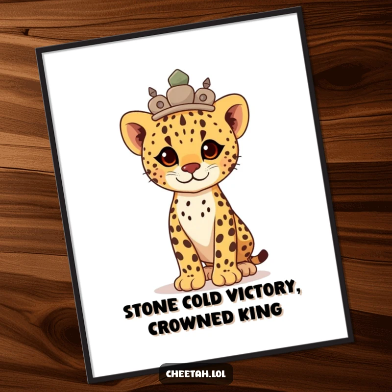 Funny Free Printable Wall Art: Proud cheetah cub in a stone crown, standing tall and dignified, for regal decor.
