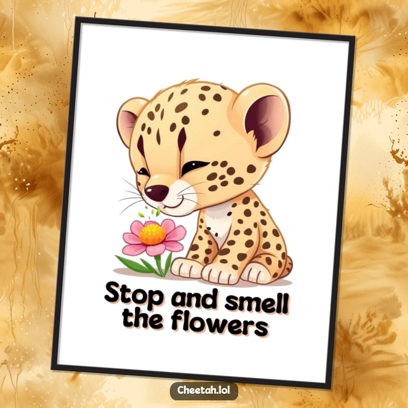 Funny Free Printable Wall Art: A curious cheetah cub captivated by a colorful flower, sniffing with wide-eyed wonder and innocent delight.