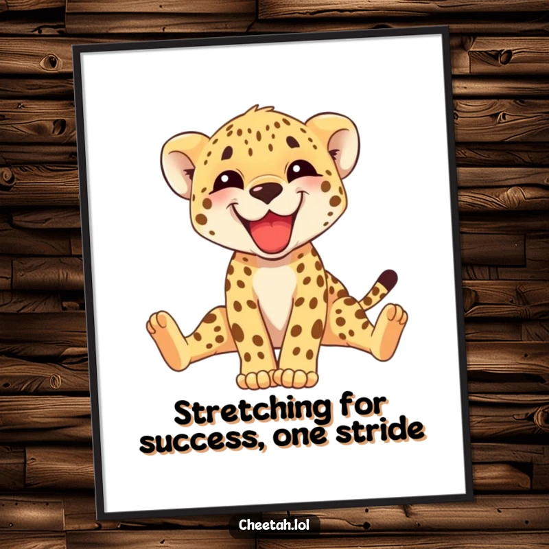 Funny Free Printable Wall Art of a happy cheetah cub grinning while adorably stretching its long legs.