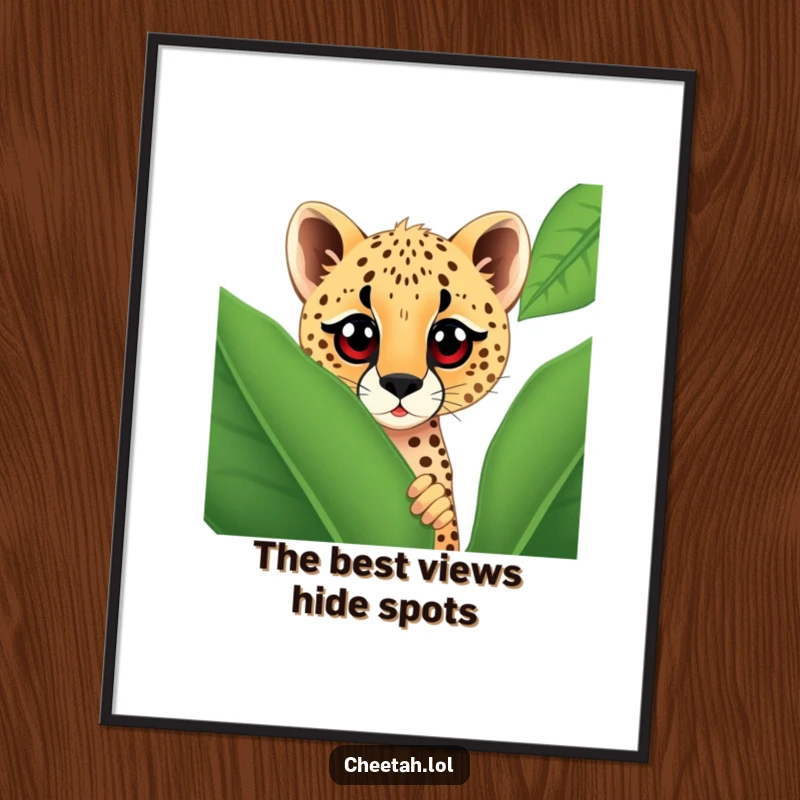 Funny Free Printable Wall Art: A cheetah with huge curious eyes peeking from behind a giant spotted leaf, adding whimsy.