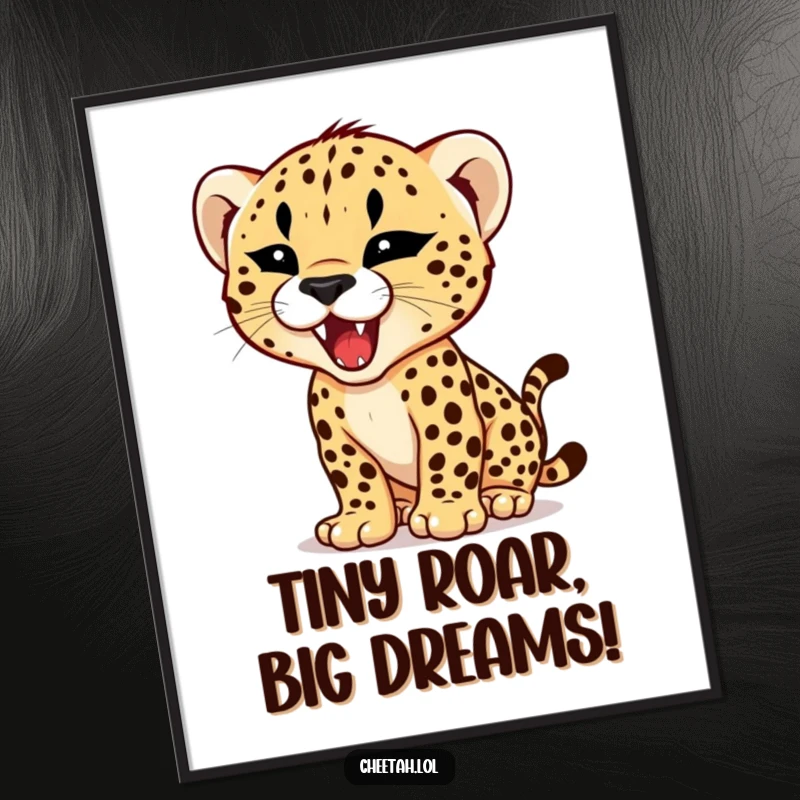 Funny Free Printable Wall Art: A cheetah cub with a tiny, fierce expression, practicing its mighty roar, full of wild energy.