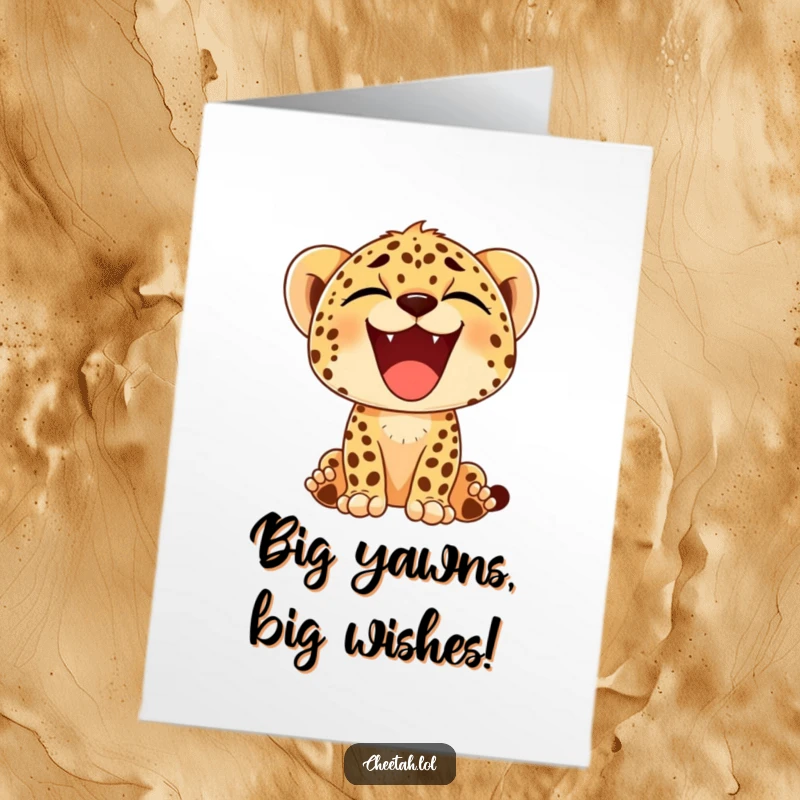 Funny Free Printable birthday card: A cheetah cub yawns wide, showing a happy smile, embodying relaxed birthday wishes.
