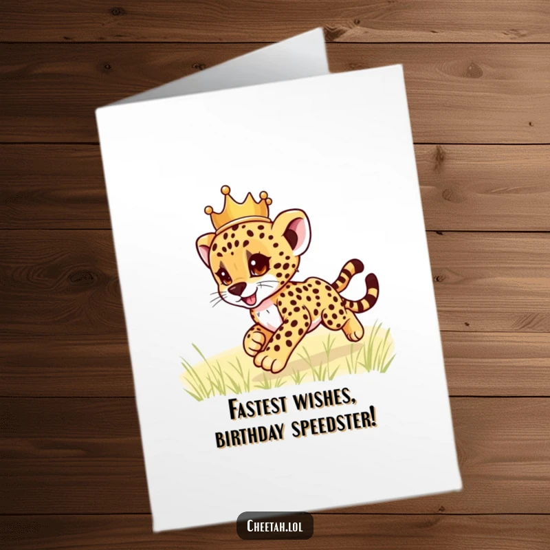 Funny Free Printable Birthday Card: Cute cheetah cub with a crown zooms playfully, ready to deliver birthday wishes.