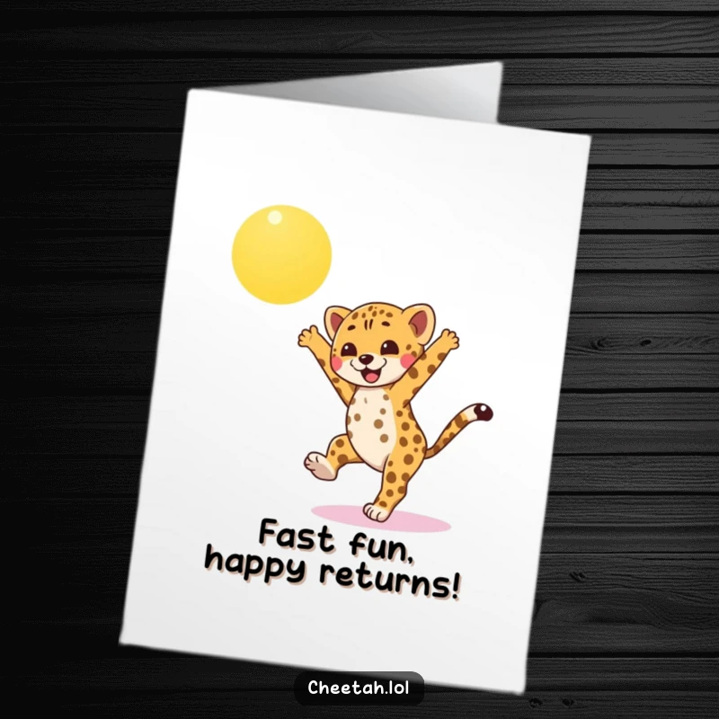 Funny Free Printable Birthday Card: Energetic cheetah cub doing a cartwheel with joy under the sun.