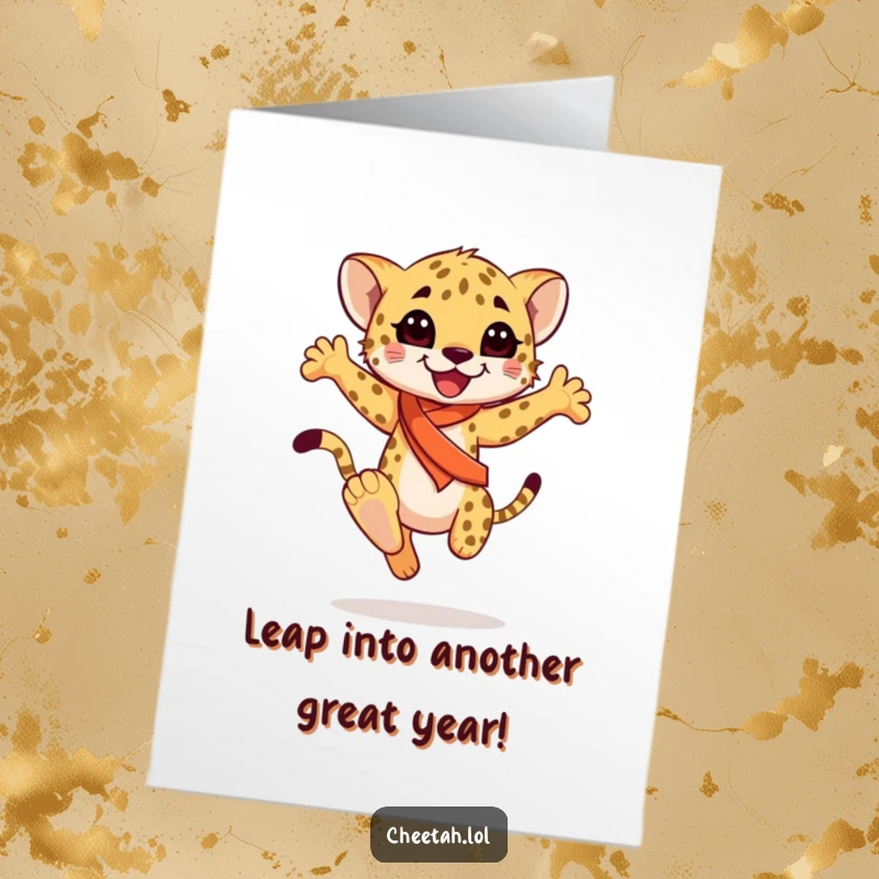 Funny Free Printable Birthday Card: Happy cheetah cub with a sash performs a graceful leap for birthday wishes.
