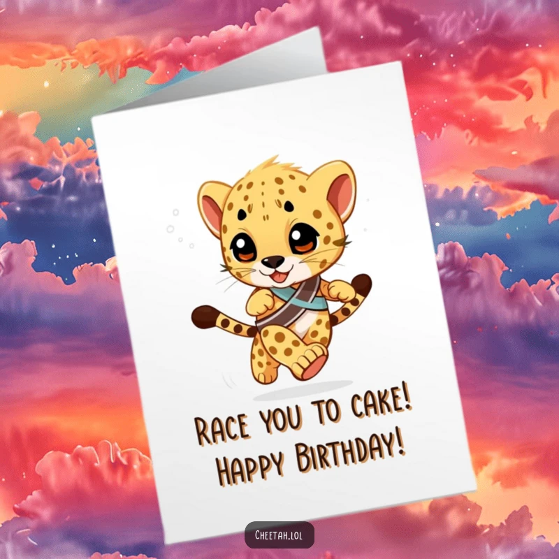 Funny Free Printable Birthday Card: A cheetah cub with a race sash speeds by, celebrating a fast-paced birthday.