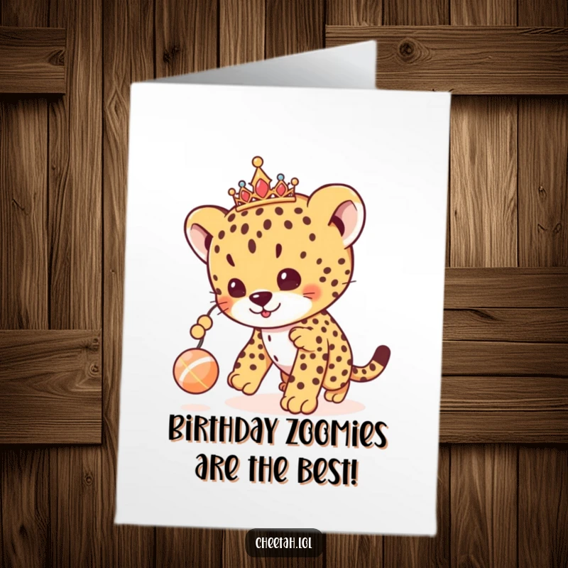 Funny Free Printable Birthday Card: A cute cheetah cub wearing a sparkly tiara, playfully batting at a dangling toy.