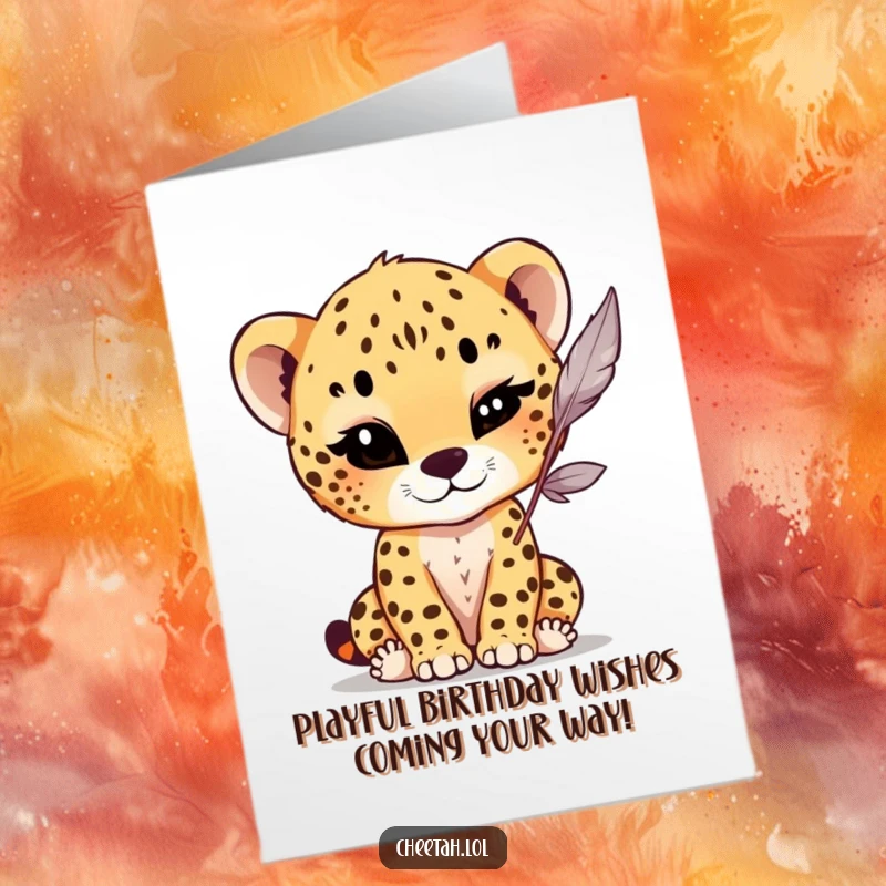 Funny Free Printable Birthday Card: A cheetah cub winks playfully while batting at a dangling feather, celebrating a birthday.