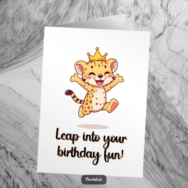 Funny Free Printable Birthday Card: A cheetah cub with a tiny crown joyfully leaps mid-air.