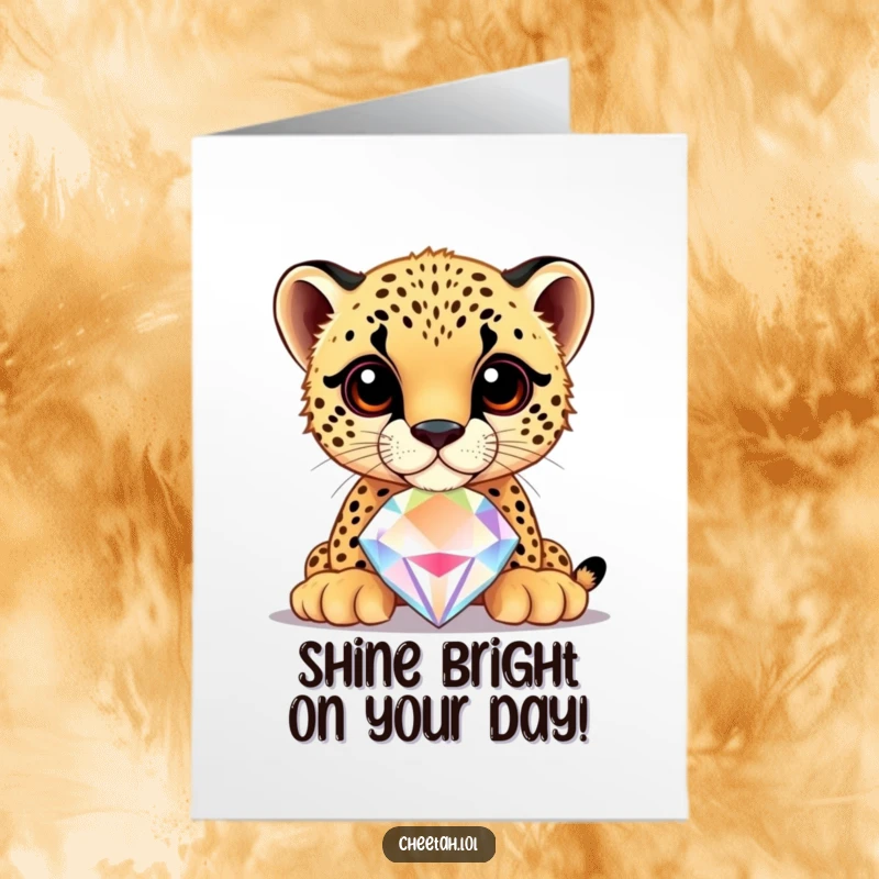 Funny Free Printable Birthday Card featuring a cheetah cub skillfully balancing a large, shiny jewel on its nose.