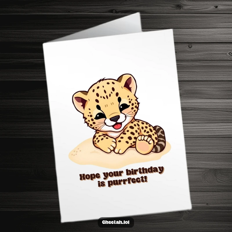 Funny Free Printable Cheetah Cub Birthday Card, Cub Rolling in Sand, Wild Celebration