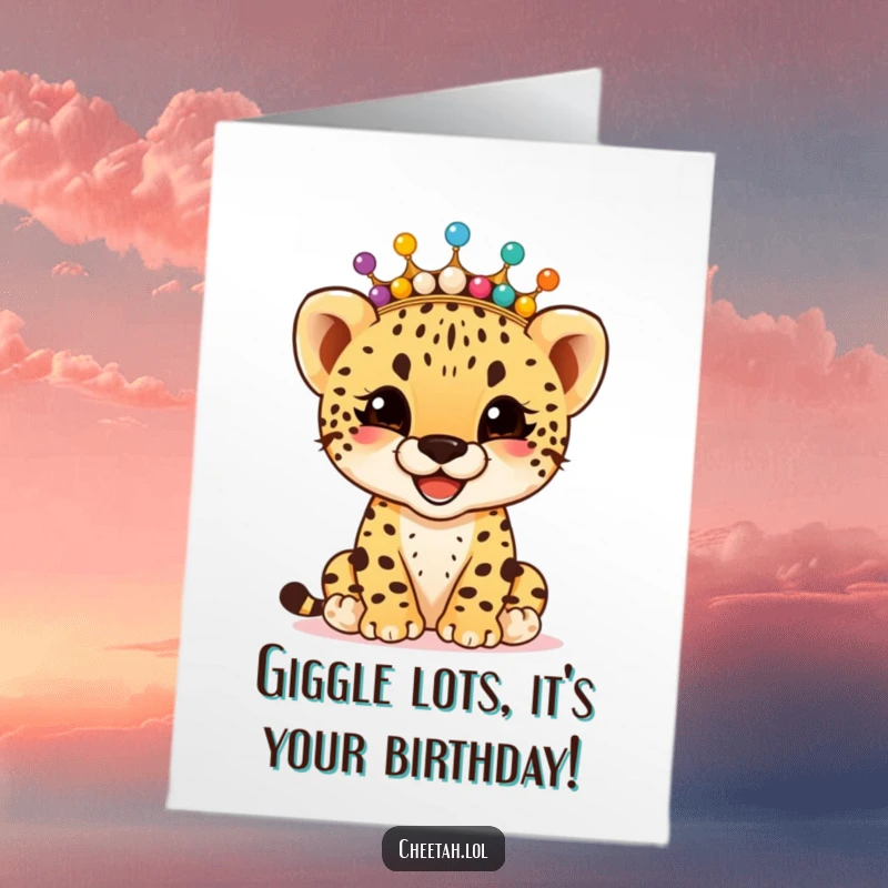 Funny Free Printable Birthday Card: Giggling cheetah cub with a beaded crown celebrates birthdays with joy.